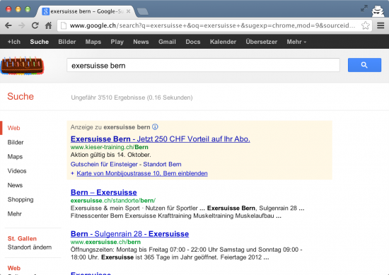 Trefferliste einer Google-Suche nach Exersuisse Bern