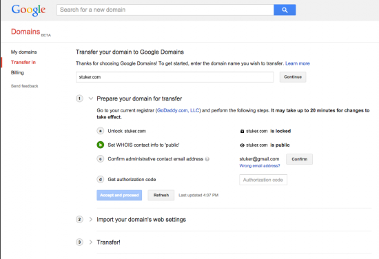 Google Domains Start eines Transfers
